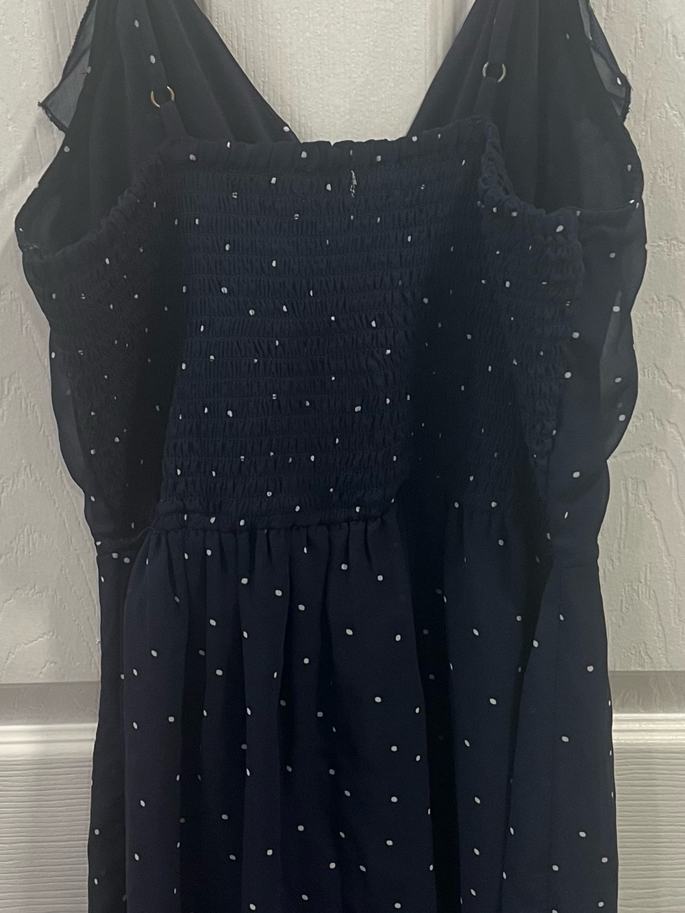 Japna Navy Polka Dot Ruffle Wrap Dress Women's L Sheer Tiered Mini - Picture 2 of 5